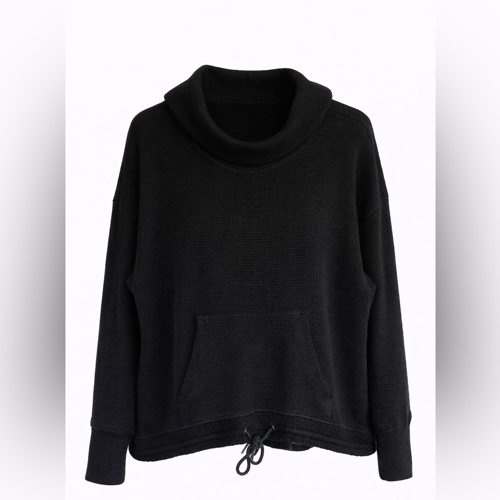 Black Textured‎ Cowl Neck Pullover Sweater | Drawstring Hem | XXL
